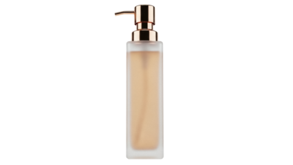 Elegant frosted glass bottle with golden pump isolated PNG, luxurious cosmetic container for lotion or soap on transparent background