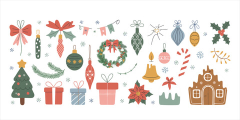 Fototapeta premium Assortment of Festive Christmas and Holiday Elements with Decorations and Ornaments Keywords: christmas, holiday, festive