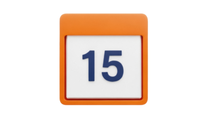 Orange calendar with number 15 isolated PNG, reminder icon for appointments, events, and important dates on transparent background