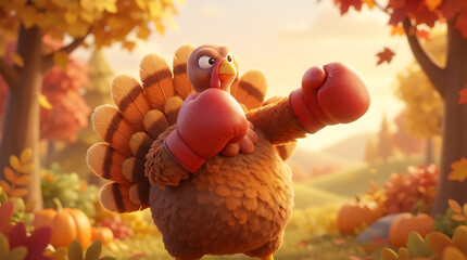 Turkey sport cartoon character in autumn park
