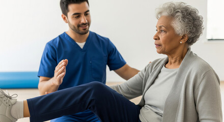Caring physiotherapist assists elderly woman with leg rehabilitation exercise in a bright, modern clinic setting, promoting recovery and well-being