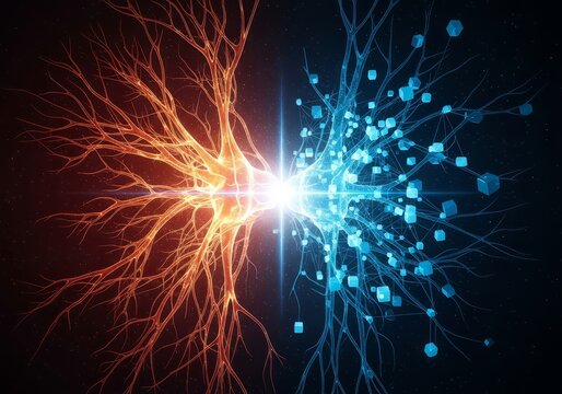 Fusion of Biological and Artificial Intelligence: Neural Network Convergence in Conceptual Art of Brain, Data, and Digital Cognition - Powered by Adobe