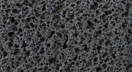 Obraz premium Close-up view of a porous, dark gray volcanic rock texture with many holes.