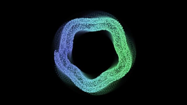 Abstract Green and Blue Particle Ring Loop Animation, Rotating Gradient Dot Circle on Black Background, Futuristic Sci-Fi Energy Motion Graphic