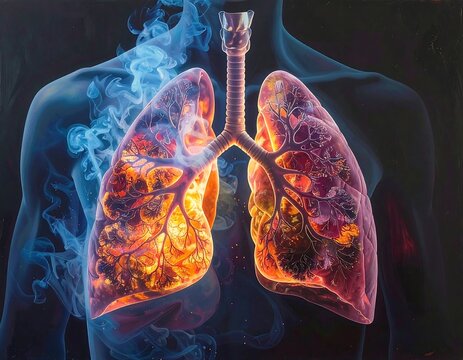 Artistic depiction of human lungs showing internal structure and a burning effect