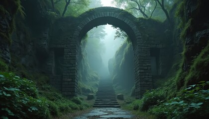 Stone archway over mossy stairs in a misty enchanted forest. Overgrown ancient ruins disappear into fog. Dark fantasy path beckons towards mystery.