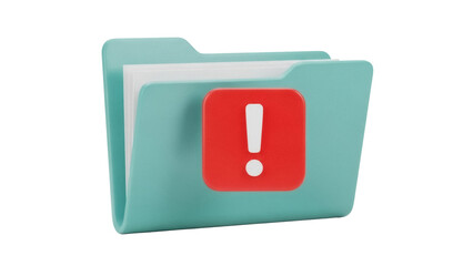 Aqua folder with red exclamation mark isolated PNG, important document or file with error or warning on transparent background