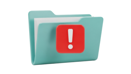 Aqua folder with red exclamation mark isolated PNG, important document or file with error or warning on transparent background