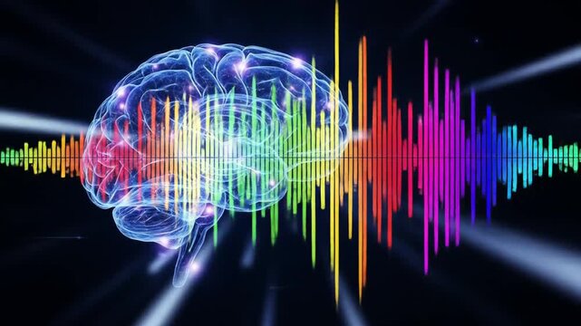 Digital brain visualization and sound waves. 4k video