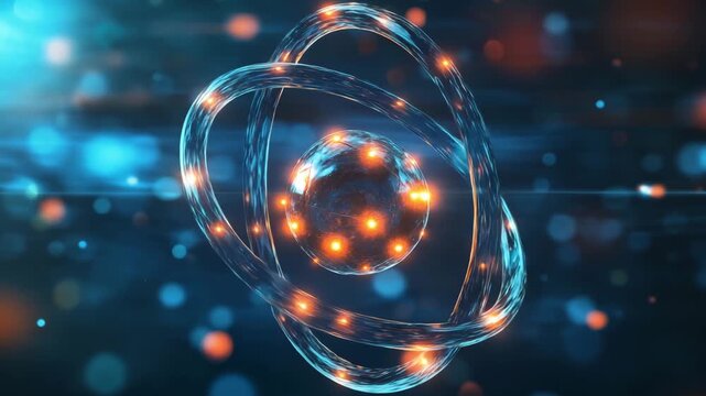 Animation shows an atomic model with electrons orbiting a nucleus in a blue and orange digital space