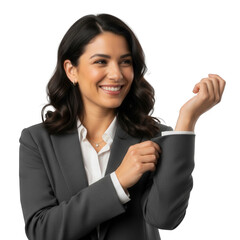 Confident Businesswoman in Gray Suit and White Shirt on Black Background