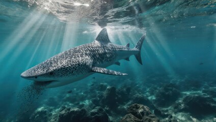 Fototapeta premium Majestic Whale Shark Swimming in Crystal Clear Ocean Waters with Sun Rays.