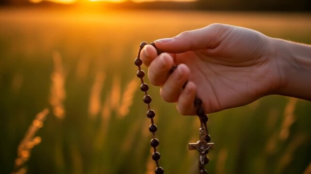A hand clutches a rosary with a crucifix, bathed in golden sunset light over a field