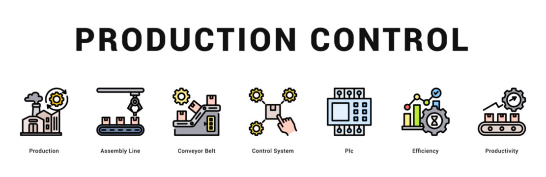Production Control Modern and clean web banner illustration featuring thematic icons for visual communication