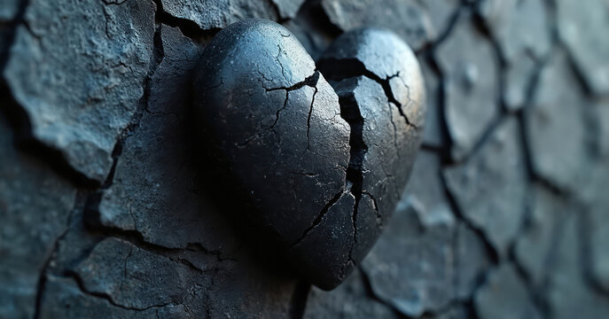 Cracked black stone heart sits on rough textured wall. Symbol of relationship ending or emotional pain. Empty space for copy. Intense sorrowful mood.