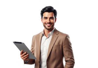Smiling businessman holding a digital tablet isolated on transparent background