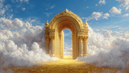 Golden Archway Above White Clouds Illuminated by Bright Light under Blue Sky