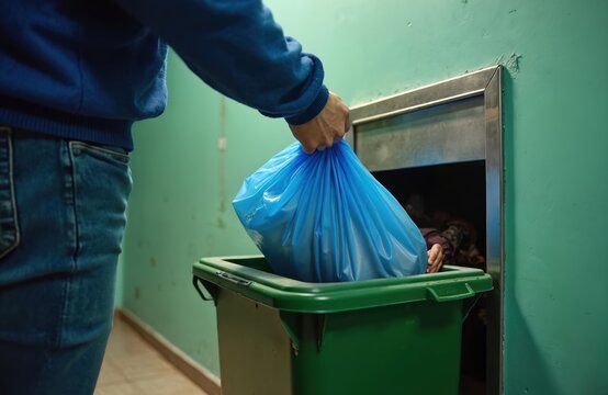 Man wearing blue sweater and jeans throws blue garbage bag into green bin. Refuse chute in old apartment building corridor, inside waste disposal.