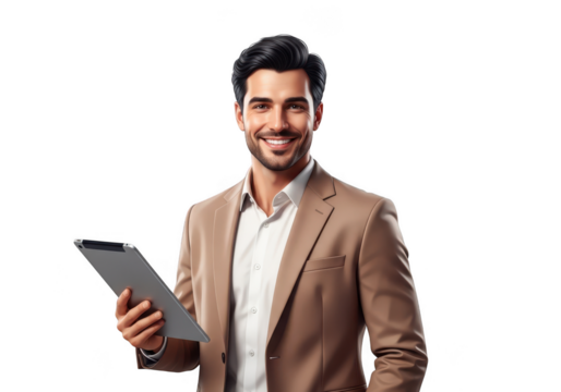 Smiling businessman holding a digital tablet isolated on transparent background - Powered by Adobe