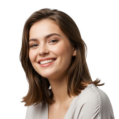 Smiling Young Woman with Brown Hair and White Shirt on Black Background
