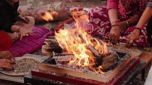Authentic scene of a traditional Indian marriage vidhi, capturing sacred rituals performed around the holy fire (Agni) under a decorated mandap