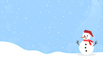 Snowman In The Middle Of Snowflake Rain And Clear Blue Sky In Winter