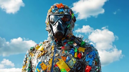 A person stands in a field wearing a mask and suit made from plastic waste, raising awareness about pollution and environmental issues