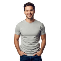 Young Man in Grey T-Shirt and Jeans Standing Against Black Background
