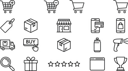 E-commerce and online shopping outline icons set with cart, payment, delivery, store, rating, gift and promotion symbols © Mahbub