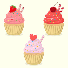 Cute cupcakes set with cream, wafer rolls, cherry, strawberry, decorative heart and colourful sprinkles. Dessert vector illustration.