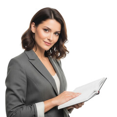 Businesswoman Holding Open Book in Gray Suit Against Black Background