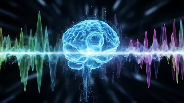 Digital brain visualization and sound waves. 4k video