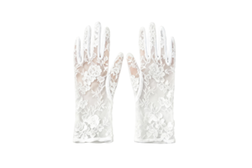 Elegant white lace gloves with intricate floral patterns on a transparent background