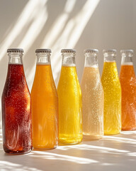 Close-up of kombucha bottles on a clean, bright background, lit with soft natural sunlight. Fruit-infused beverages with light condensation on the glass create a fresh, 