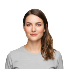 Young Woman with Long Brown Hair and Gray T-Shirt on Black Background