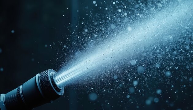 High pressure water jet streams from nozzle. Fine mist and droplets scatter in air showing liquid force and power. Modern cleaning tool in action.