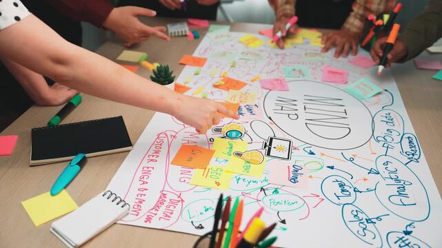 A vibrant brainstorming session featuring team members collaborating on a colorful mind map using sticky notes, illustrating their creative process and strategic planning. SACTR