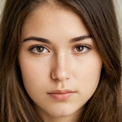 Fototapeta premium close up face of a young woman with brown hair and brown eyes looking directly forward with a serious and focused facial expression showing freckles.
