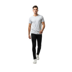 Young Man Walking in White T-Shirt and Black Pants on Black Background