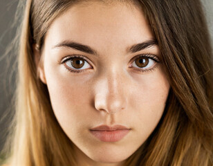 Obraz premium close up face of a young woman with brown eyes and brown hair looking forward with an intense and serious facial expression showing natural skin tones.