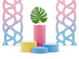 Vibrant pastel colored cylinders with tropical leaf on black background
