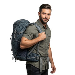 Man with Backpack, Isolated on Black Background, Ready for Adventure