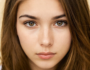 Fototapeta premium close up face of a young woman with hazel eyes and brown hair looking forward with an intense and serious facial expression showing freckled skin texture.