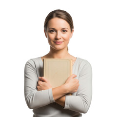 Woman Holding Book and Smiling at Camera on Black Background