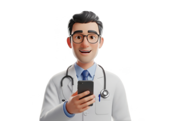 3d render of a male doctor character holding a smartphone isolated on transparent background