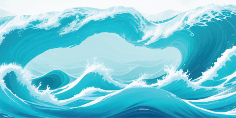 A cold blue winter landscape illustration featuring waves of the sea under a snowy mountain sky with a vector nature design for a Christmas decoration pattern