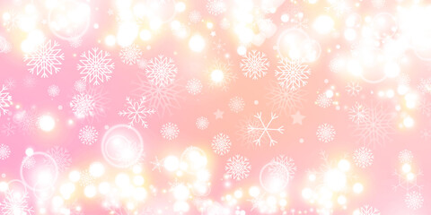 Elegant pink background with white snowflakes and glowing light effects. Perfect for holiday cards, winter banners, New Year projects and festive seasonal design.