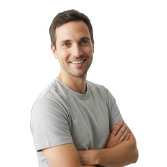 Young Man in Gray T-Shirt with Confident Smile and Crossed Arms Against Black Background