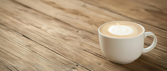 Cup of latte coffee on wooden table with copy space. Warm cafe style image suitable for lifestyle, menu design, branding, relaxation, and hospitality themes.