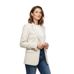 Young professional woman in stylish outfit posing confidently on black background